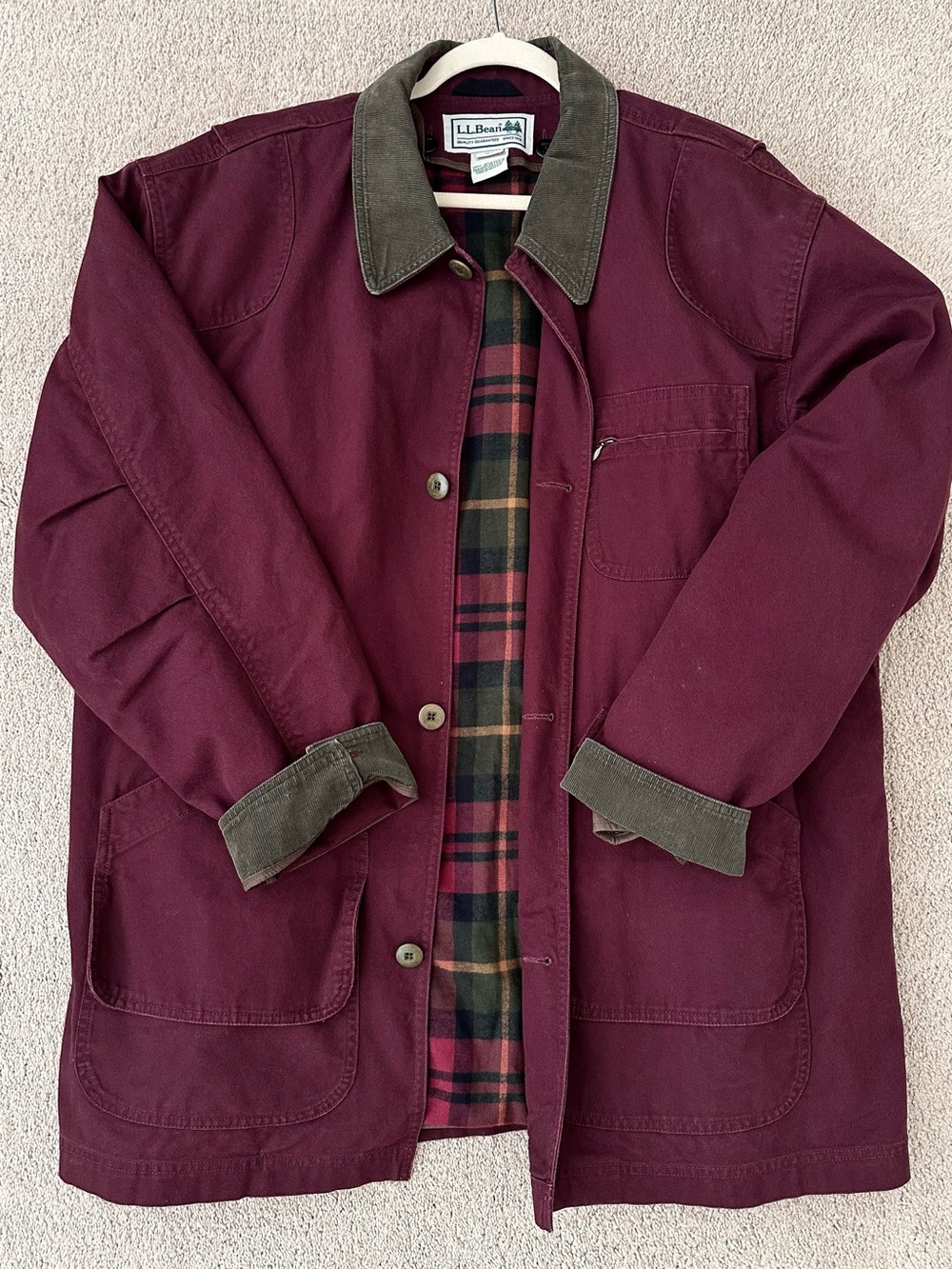 L.L. Bean Burgundy Wine Barn Jacket Field Coat Green Corduroy Collar Plaid Lined